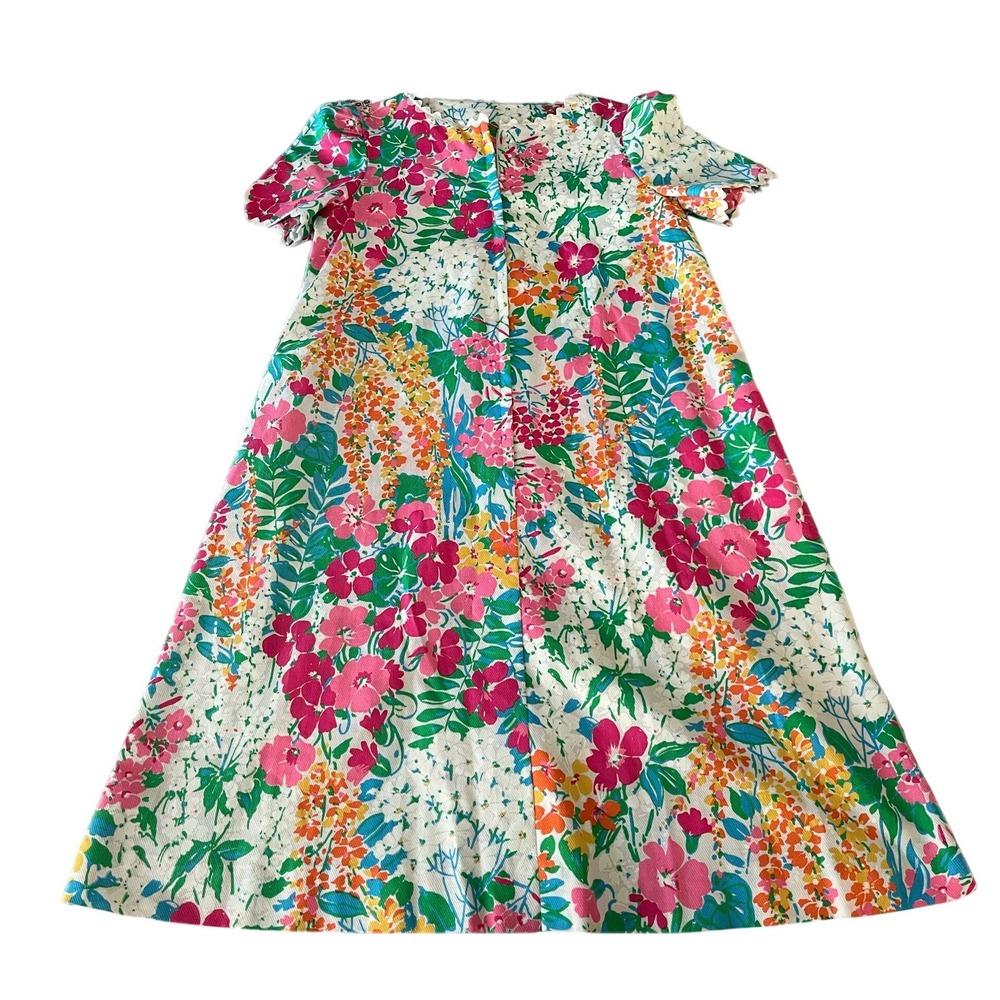 Vintage 60s Chiha Floral Midi Dress Short Sleeve Scallop Trim Pink Green Size S